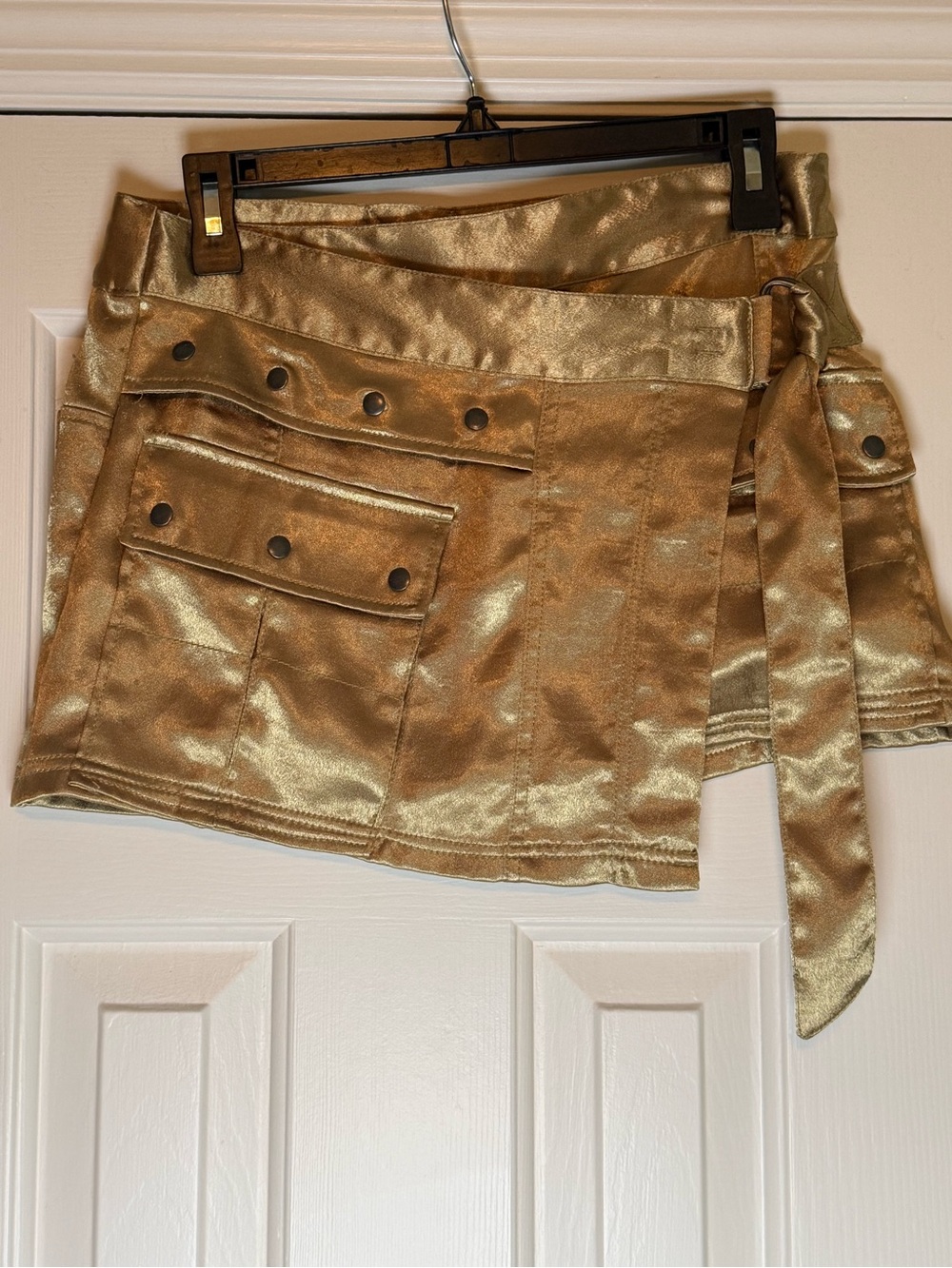 Used Free People Carson Metallic Gold Utility Wrap Mini Skirt Size 2